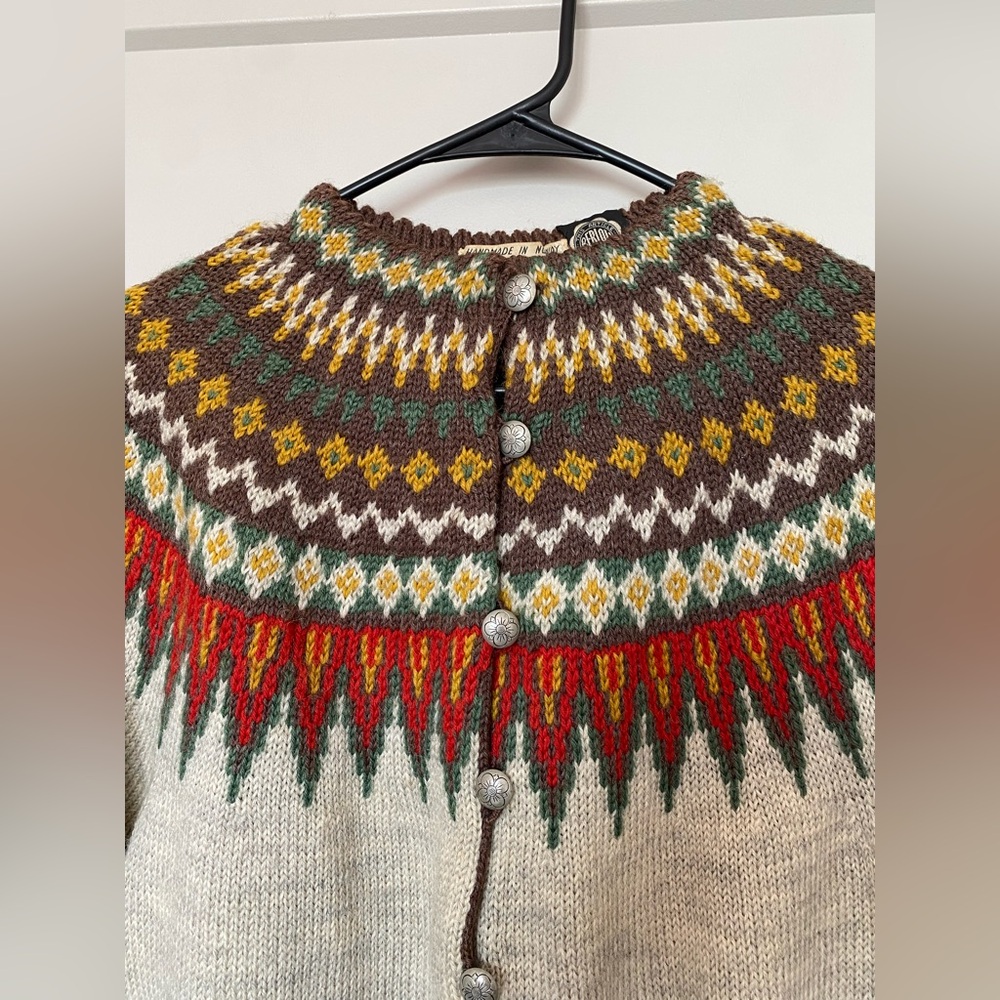 Norwegian wool hand knit fair isle cardigan sweater 1950s Nordic vintage - Picture 3 of 6